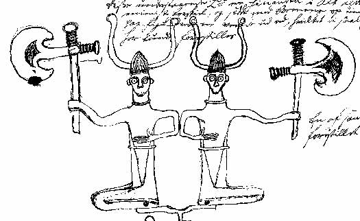 Fra gamle tegninger ved man, at der oprindeligt var der to figurer med hornede hjelme i Grevensvænge-fundet. Nu er den ene desværre forsvundet. Hjelme fra bronzealderen